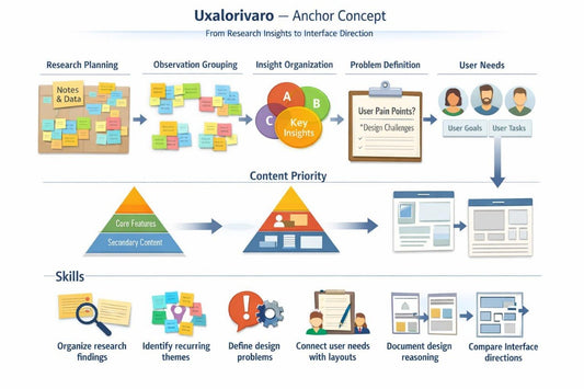 A digital infographic titled 'Uxalorivaro — Anchor Concept' showing a workflow diagram with sticky notes, user needs, content priority, and skills sections on a light blue background.
