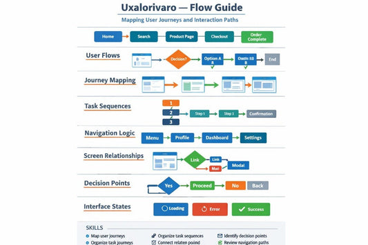 A flow chart titled 'Uxalorivaro — Flow Guide' with labeled sections such as User Flows, Journey Mapping, Task Sequences, Navigation Logic, Screen Relationships, Decision Points, and Interface States, using colored boxes, arrows, and icons on a white background.