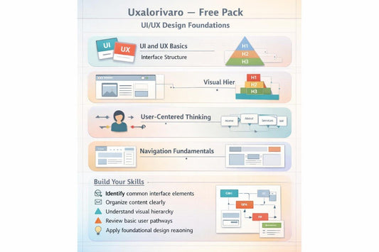 An infographic-style educational poster titled 'Uxalorivaro — Free Pack' about UI/UX Design Foundations, with illustrated sections on interface structure, visual hierarchy, user-centered thinking, navigation fundamentals, and skill building. It uses pastel color blocks and icons rather than showing a physical retail product in a studio or lifestyle setting.