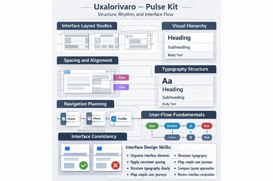 A digital infographic titled 'Uxalorivaro - Pulse Kit' outlining UI/UX design modules such as Interface Layout Studies, Spacing and Alignment, Typography Structure, Navigation Planning, User-Flow Fundamentals, and Interface Consistency, with diagrams and text blocks on a light gray background.
