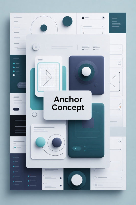 A centered white rectangular card with the words 'Anchor Concept' in black, surrounded by layered abstract UI-style panels in white, teal, and navy on a pale blue background.