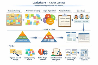 A digital infographic titled 'Uxalorivaro — Anchor Concept' showing a workflow diagram with sticky notes, user needs, content priority, and skills sections on a light blue background.