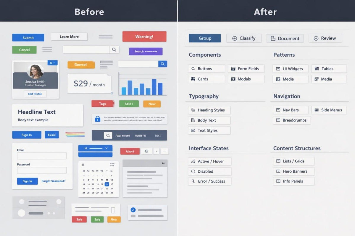 A side-by-side UI design comparison labeled 'Before' and 'After' showing a software interface layout. The left 'Before' side displays a user interface with various buttons, text fields, charts, and warning banners.