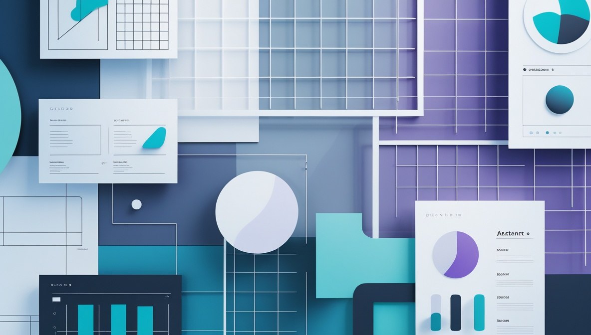 Abstract digital layout with overlapping white document panels, charts, grids, and geometric shapes in teal, blue, purple, and white.