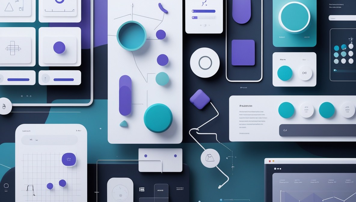 A stylized digital composition of multiple smartphone and tablet screens arranged on a dark teal background, featuring abstract UI elements, charts, circles, and buttons in white, purple, and teal.