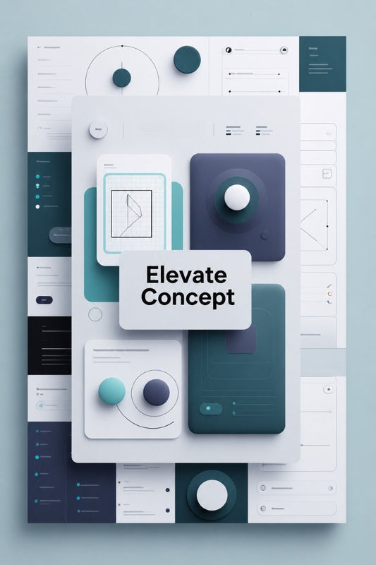 A stylized digital mockup showing layered UI cards and dashboard panels in white, teal, and dark blue-gray, with the centered text 'Elevate Concept' on a clean pale blue background.