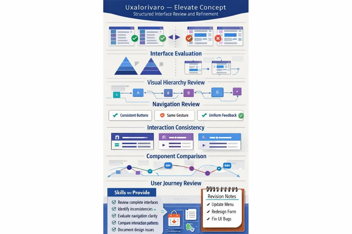 A vertical infographic titled 'Uxalorivaro — Elevate Concept' showing layered interface review and refinement steps with icons, labels, and process flowcharts on a white background.