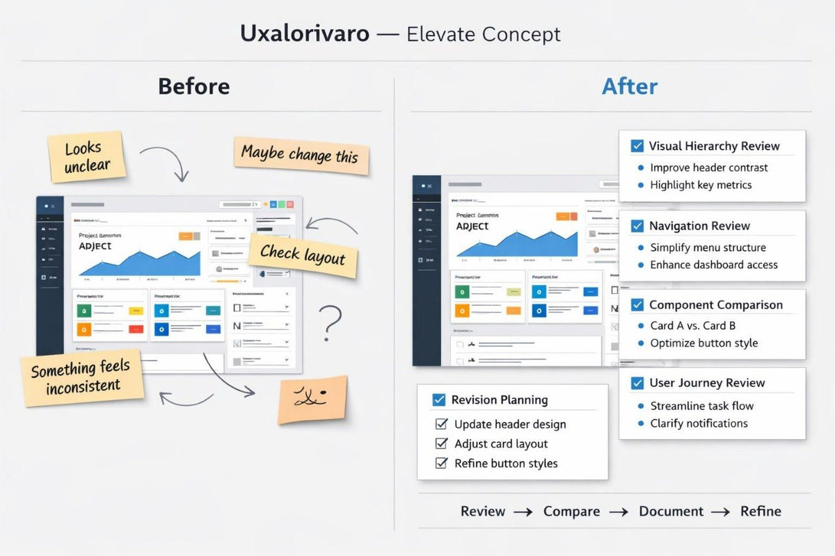 A comparison-style graphic titled 'Uxalorivaro — Elevate Concept' showing a software interface mockup labeled 'Before' on the left and 'After' on the right, with sticky notes and checklist items describing improvements such as visual hierarchy, navigation, component comparison, and revision planning.