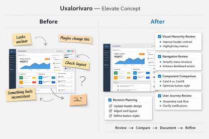 A comparison-style graphic titled 'Uxalorivaro — Elevate Concept' showing a software interface mockup labeled 'Before' on the left and 'After' on the right, with sticky notes and checklist items describing improvements such as visual hierarchy, navigation, component comparison, and revision planning.