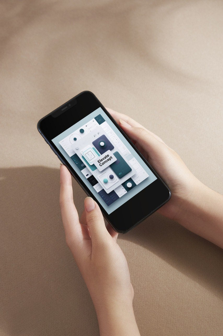 A person holds a black smartphone with both hands against a warm beige background. The phone screen displays a digital interface with abstract geometric shapes and the text 'Design Thinking'.