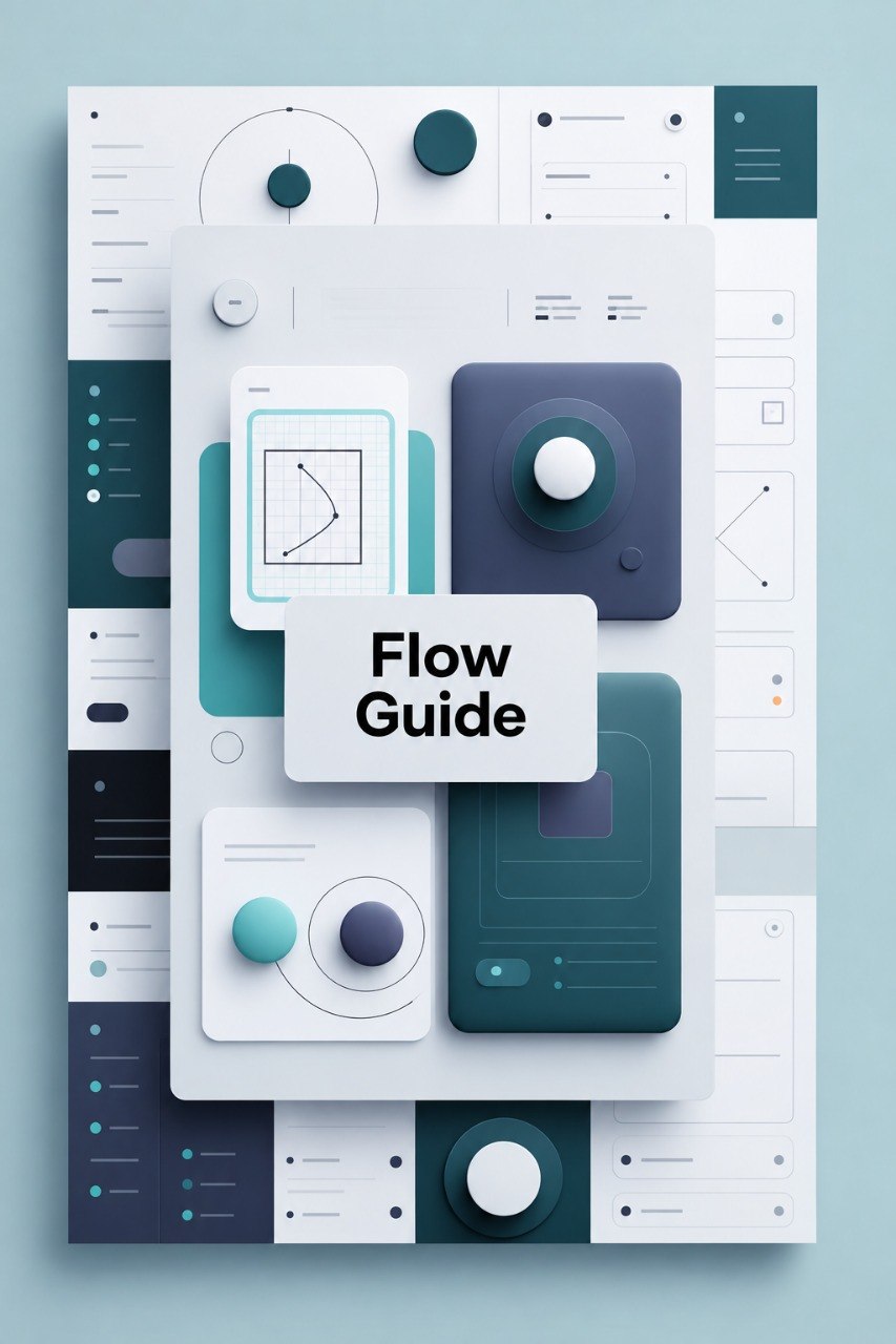A stylized digital cover or preview for a flow guide, featuring layered cards and interface-like panels in white, teal, and dark blue-gray with the words 'Flow Guide' centered. No person, animal, or real environment is present, and this is not a measurement chart, color swatch, or instruction diagram in the listing-support sense; it reads as a digital-only preview, so subject_type is Other.