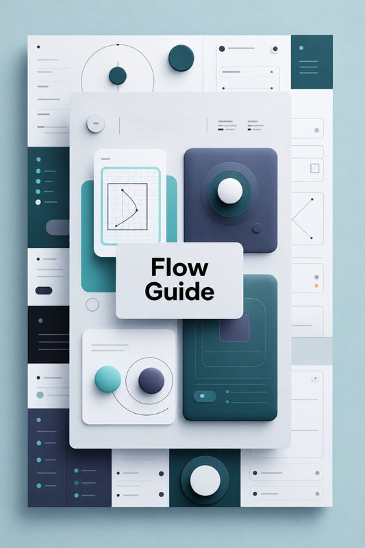 A stylized digital cover or preview for a flow guide, featuring layered cards and interface-like panels in white, teal, and dark blue-gray with the words 'Flow Guide' centered. No person, animal, or real environment is present, and this is not a measurement chart, color swatch, or instruction diagram in the listing-support sense; it reads as a digital-only preview, so subject_type is Other.