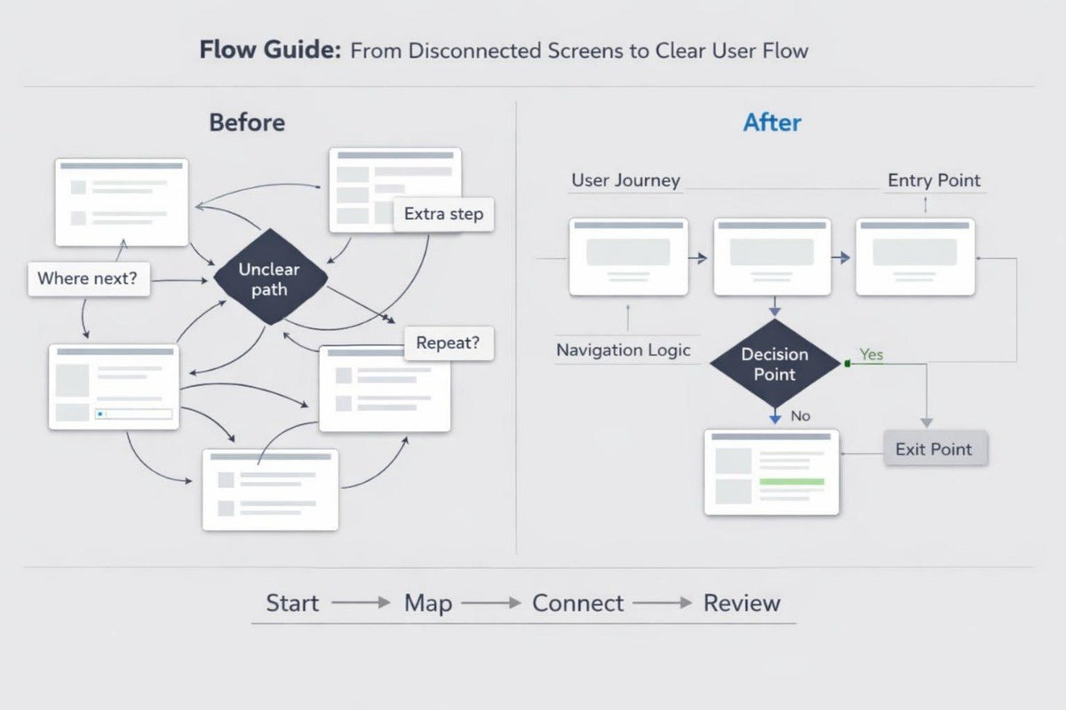 A flow chart titled 'Flow Guide: From Disconnected Screens to Clear User Flow' comparing a 'Before' state with an 'After' state. The left side shows a tangled user journey with multiple screens and a dark central node labeled 'Unclear path.