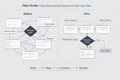A flow chart titled 'Flow Guide: From Disconnected Screens to Clear User Flow' comparing a 'Before' state with an 'After' state. The left side shows a tangled user journey with multiple screens and a dark central node labeled 'Unclear path.