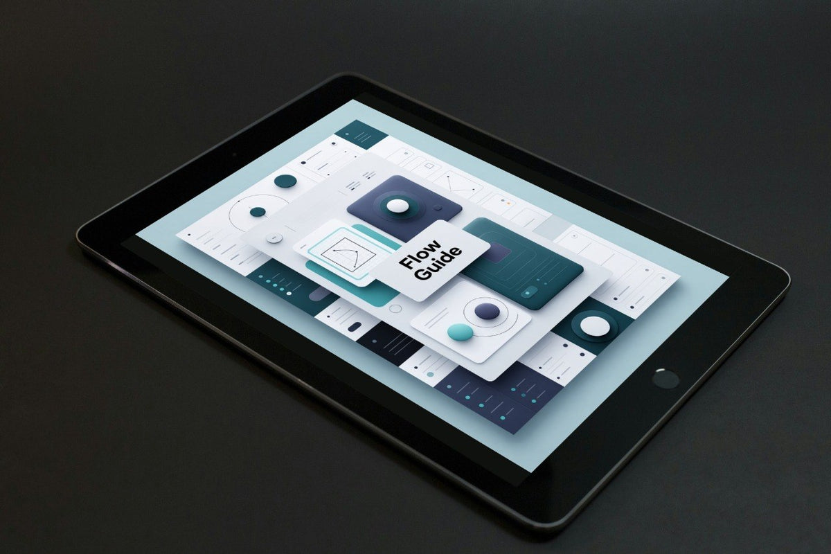 A black tablet device shown at an angle on a dark surface, displaying a digital interface with cards and the text 'Flow code'.