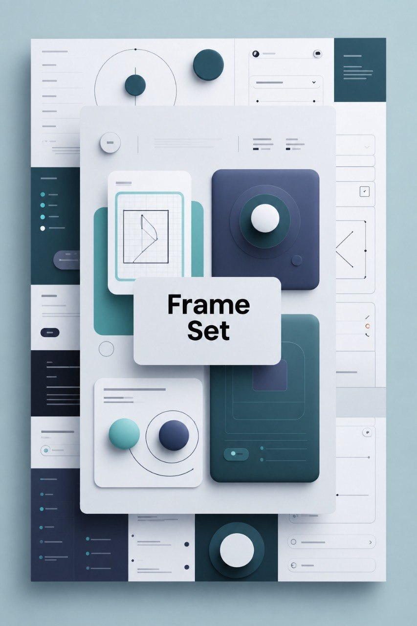 A digital graphic template set titled 'Frame Set' featuring abstract UI mockups with rounded buttons, charts, and panels in white, teal, and navy blue, presented on a light blue-gray background.