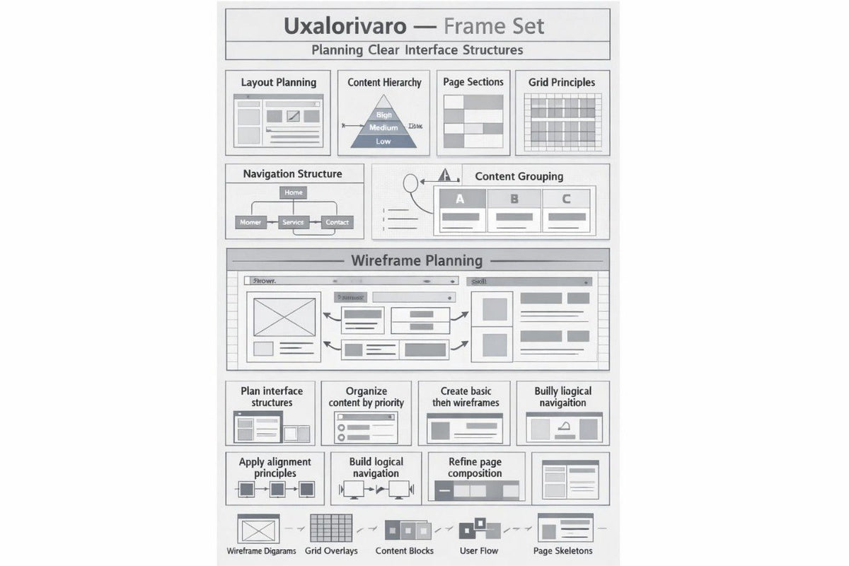 A monochrome instructional graphic titled 'Uxalorivaro — Frame Set' showing UI design planning boxes, wireframe diagrams, and interface structure instructions on a white background.