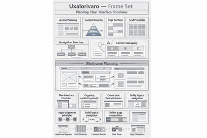 A monochrome instructional graphic titled 'Uxalorivaro — Frame Set' showing UI design planning boxes, wireframe diagrams, and interface structure instructions on a white background.