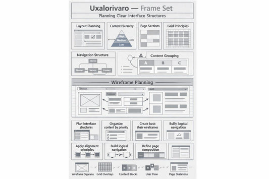 A monochrome instructional graphic titled 'Uxalorivaro — Frame Set' showing UI design planning boxes, wireframe diagrams, and interface structure instructions on a white background.