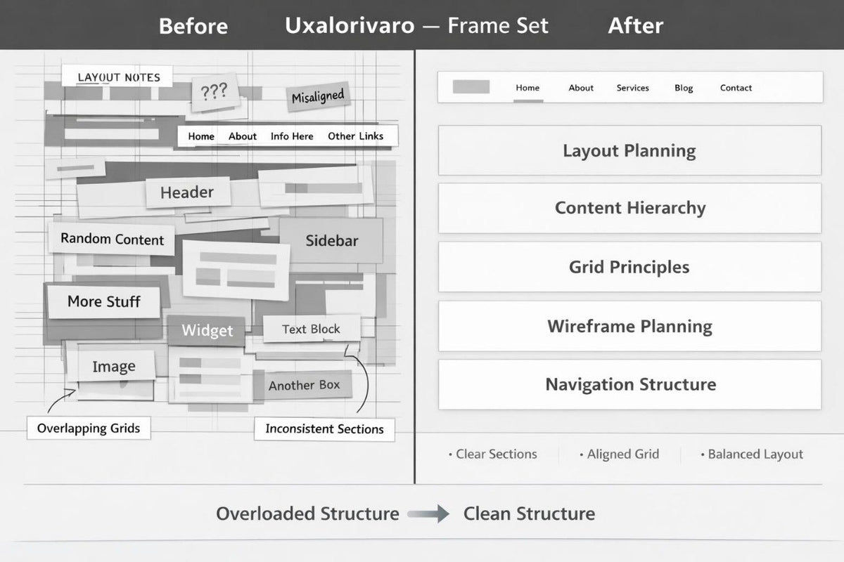 A grayscale before-and-after layout comparison graphic. The left side shows a messy, cluttered web page layout labeled 'Before' with various boxes, notes, and inconsistent sections.