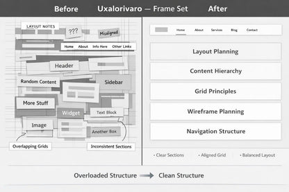 A grayscale before-and-after layout comparison graphic. The left side shows a messy, cluttered web page layout labeled 'Before' with various boxes, notes, and inconsistent sections.