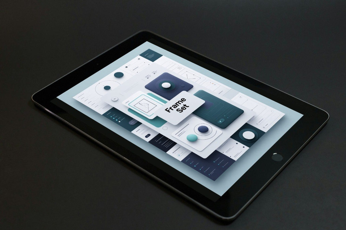 A black tablet device shown at an angle on a dark surface, displaying a digital interface with cards and the text 'Frame Set'.