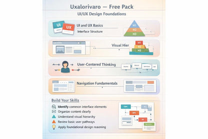 An infographic-style educational poster titled 'Uxalorivaro — Free Pack' about UI/UX Design Foundations, with illustrated sections on interface structure, visual hierarchy, user-centered thinking, navigation fundamentals, and skill building. It uses pastel color blocks and icons rather than showing a physical retail product in a studio or lifestyle setting.