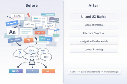A digital infographic comparing 'Before' and 'After' UI and UX basics. The left 'Before' section shows abstract app interface elements like buttons, text boxes, and a user flow diagram.