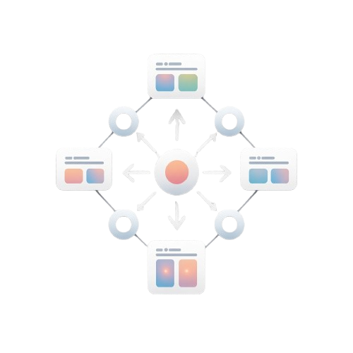 A minimalist digital vector illustration of a network or workflow diagram on a solid white background. The design features a central peach-colored circle connected by thin gray lines to six surrounding white rounded cards with pastel gradient accents.