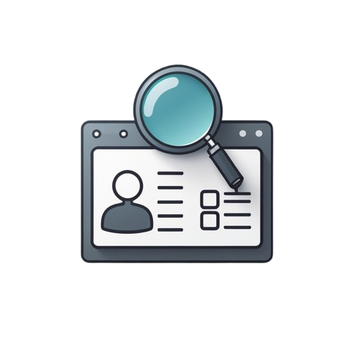 A digital vector icon depicting an ID card with a magnifying glass, representing identity verification or background check services.