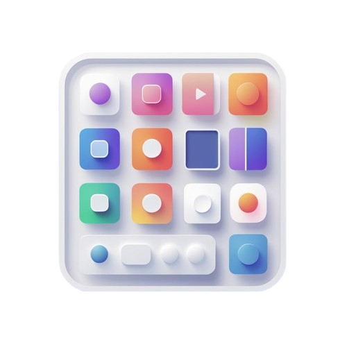 A 3D-rendered square app icon or control panel with rounded corners, showing a grid of colorful gradient buttons and sliders on a light gray background.