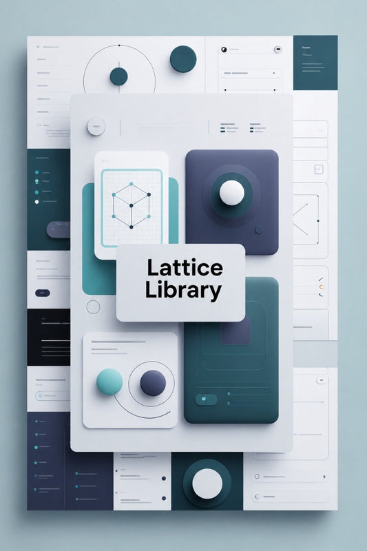A centered white card labeled 'Lattice Library' with abstract UI-style panels and rounded geometric buttons in white, teal, and dark navy, arranged on a pale blue background.