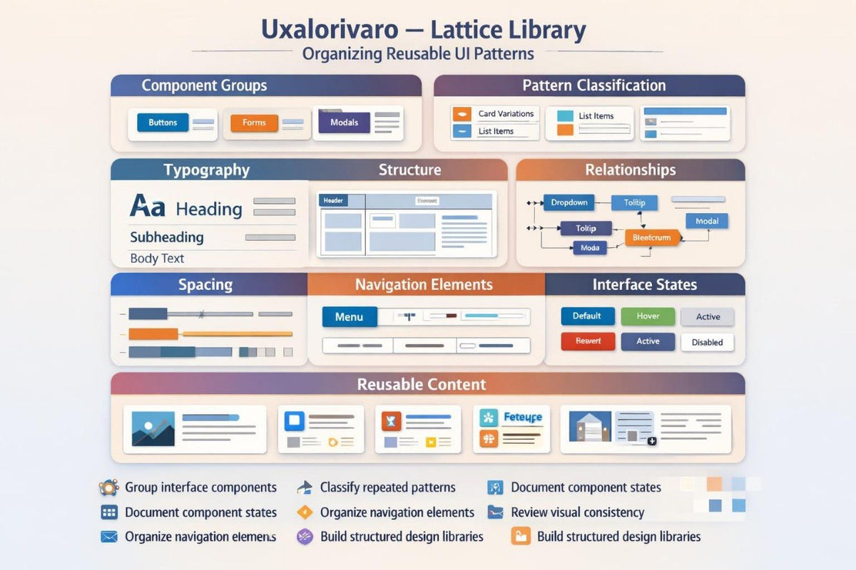 An infographic titled 'Uxalorivaro — Lattice Library' showing a structured guide to organizing reusable UI patterns, with labeled sections for component groups, pattern classification, typography, structure, relationships, spacing, navigation elements, interface states, and reusable content.