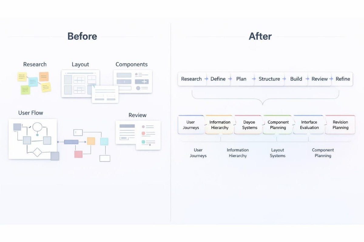 A comparison graphic labeled 'Before' and 'After' showing a workflow or design process. The left side, 'Before,' displays loose-leaf sticky notes, a layout diagram, components, and a user flow diagram.