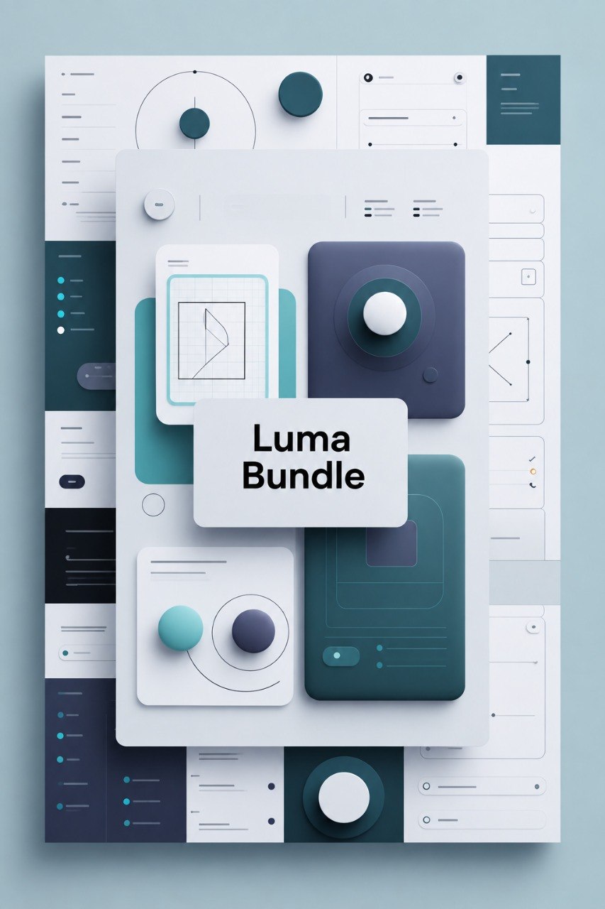 A digital mockup showing a layered set of UI design templates with the text 'Luma Bundle' in the center, rendered in a clean, modern aesthetic with teal, navy, and white elements.
