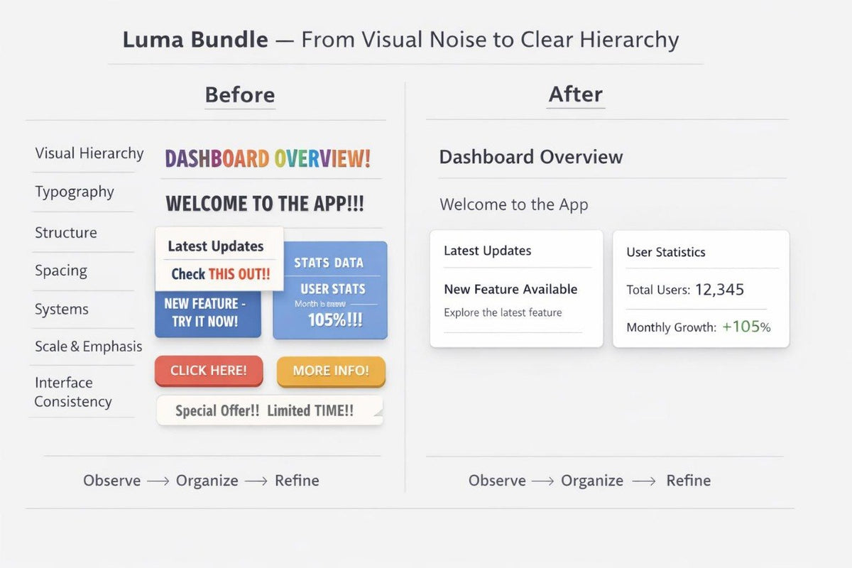 A before-and-after comparison graphic for a Luma Bundle app feature, showing cluttered UI text on the left ('Before') and clean, organized dashboard content on the right ('After').