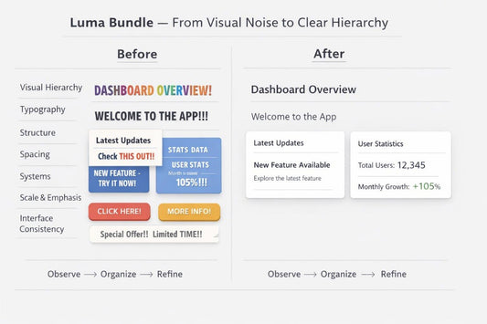 A before-and-after comparison graphic for a Luma Bundle app feature, showing cluttered UI text on the left ('Before') and clean, organized dashboard content on the right ('After').