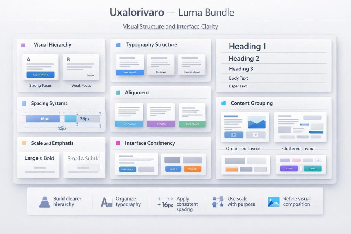 A digital infographic titled 'Uxalorivaro — Luma Bundle' showing a UI design system guide with panels on visual hierarchy, typography, alignment, spacing, scale and emphasis, content grouping, and interface consistency, plus small icons and short labels at the bottom.
