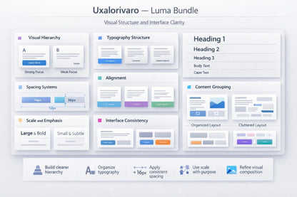 A digital infographic titled 'Uxalorivaro — Luma Bundle' showing a UI design system guide with panels on visual hierarchy, typography, alignment, spacing, scale and emphasis, content grouping, and interface consistency, plus small icons and short labels at the bottom.