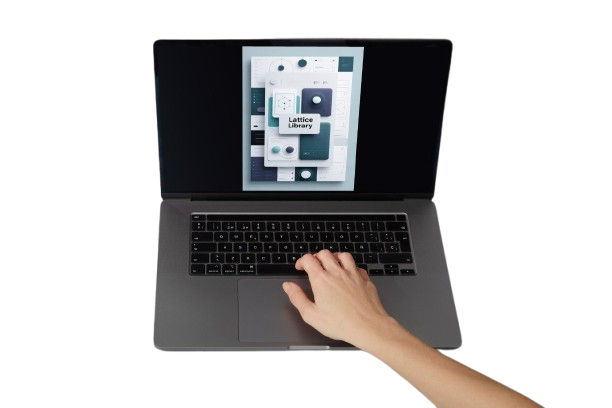 A gray laptop with an open screen showing a digital interface, with a hand resting on the trackpad against a plain white background.