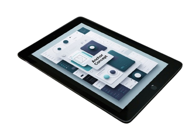 A black tablet device shown at an angle on a plain white background, with a digital interface displayed on its screen.