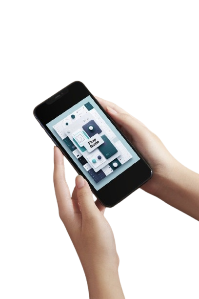 A person holding a black smartphone with both hands against a solid white background. The phone screen displays a digital graphic or app interface.