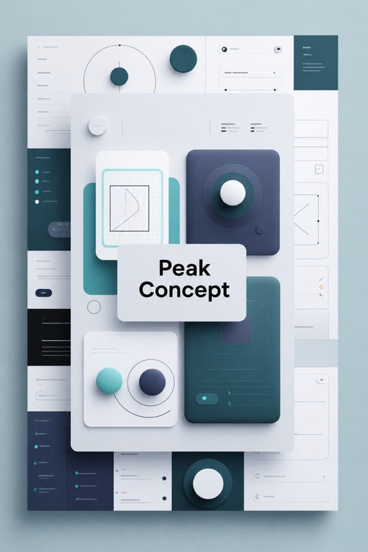 A digital mockup of layered UI design templates and dashboard cards in a clean, modern aesthetic. The central card features abstract geometric shapes and the text 'Peak Concept' in a bold sans-serif font.