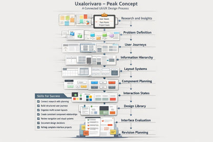 A vertical infographic titled 'Uxalorivaro - Peak Concept' showing a UIUX design process flowchart with labeled stages such as Research and Insights, Problem Definition, User Journeys, Information Hierarchy, Layout Systems, Component Planning, Interaction States, Design Library, Interface Evaluation, and Revision Planning. The chart includes small screenshots of interface elements and a checklist section labeled 'Skills for Success' on a light gray background.