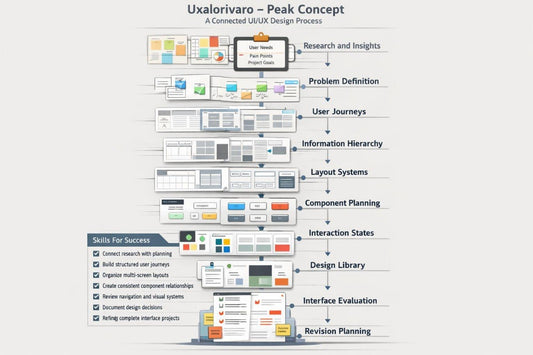 A vertical infographic titled 'Uxalorivaro - Peak Concept' showing a UIUX design process flowchart with labeled stages such as Research and Insights, Problem Definition, User Journeys, Information Hierarchy, Layout Systems, Component Planning, Interaction States, Design Library, Interface Evaluation, and Revision Planning. The chart includes small screenshots of interface elements and a checklist section labeled 'Skills for Success' on a light gray background.