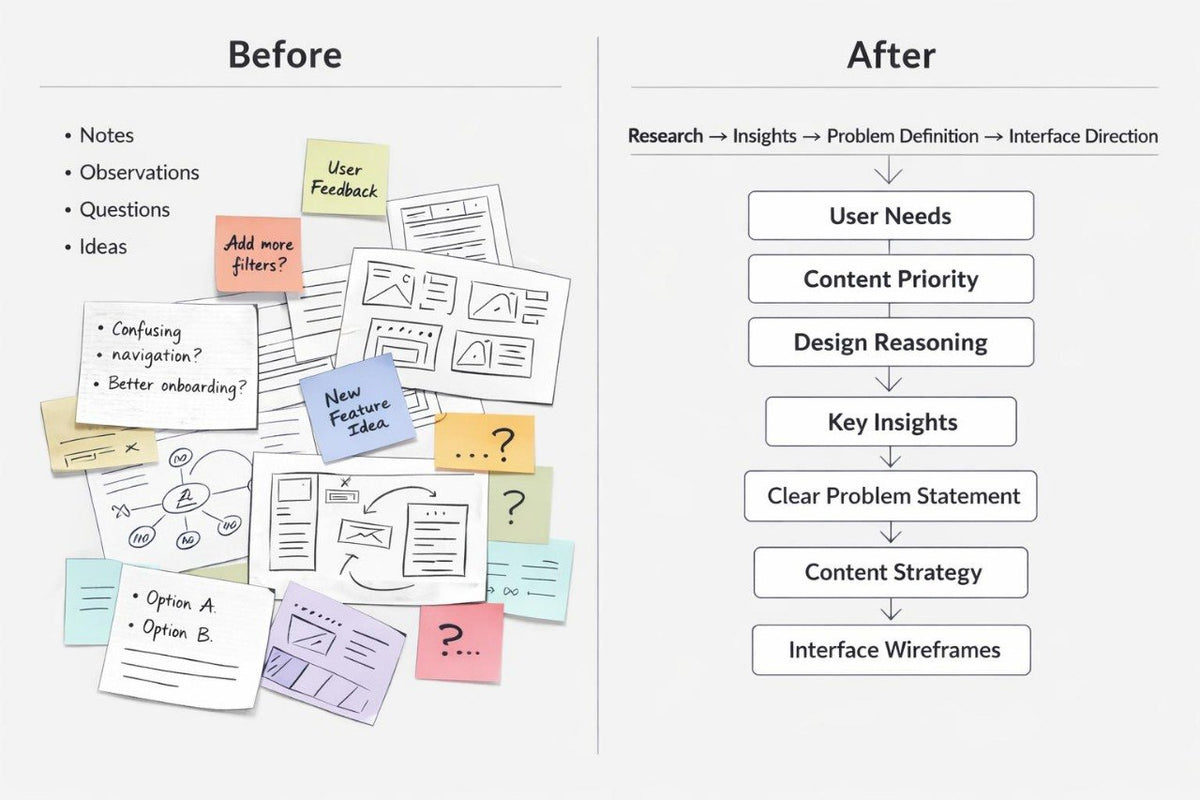 A comparison graphic labeled 'Before' and 'After' on a light gray background. The left side shows a cluster of pastel sticky notes and sketch pages with handwritten notes like 'Notes', 'Observations', and 'User Feedback'.