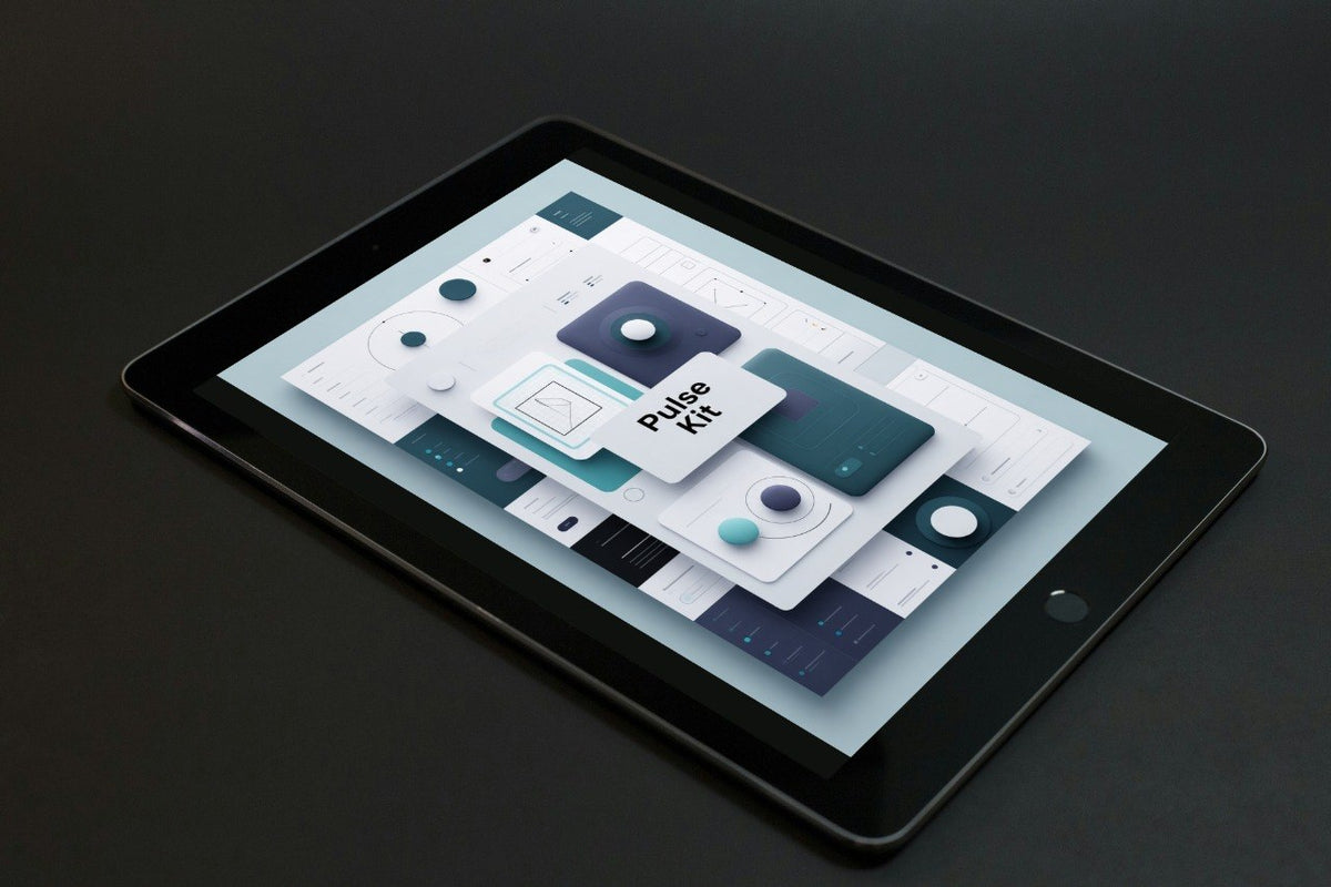 A black tablet device shown at an angle on a dark surface, displaying a digital interface with cards and the text 'Antico Concept'.