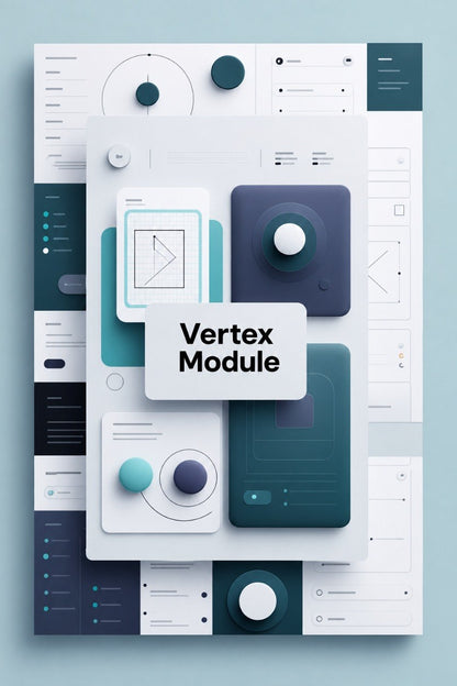 A stylized digital mockup showing a layered set of UI panels and cards with the text 'Vertex Module' in the center, rendered in white, teal, and dark blue tones on a pale blue background.