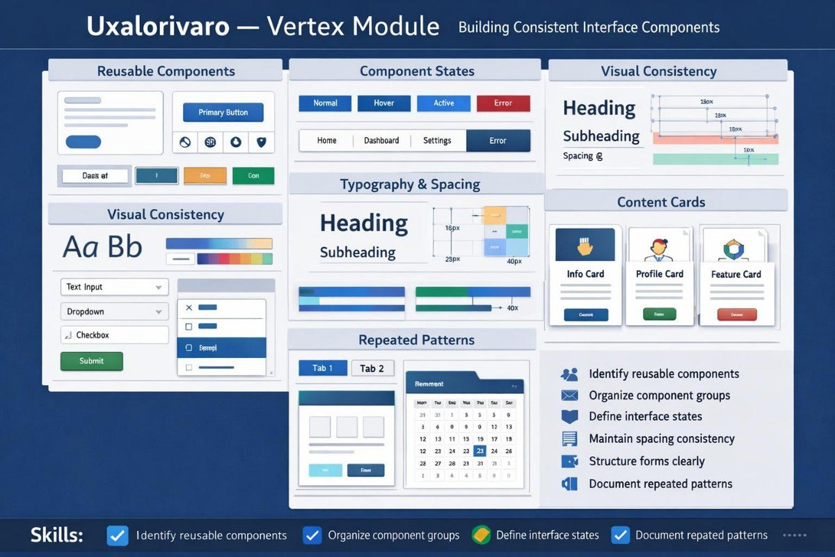 A digital presentation slide titled 'Uxalorivaro - Vertex Module' outlining a UI design curriculum. The slide features a dark blue background with multiple white and blue mockups illustrating reusable components, component states, visual consistency, typography, content cards, and skills checklist.