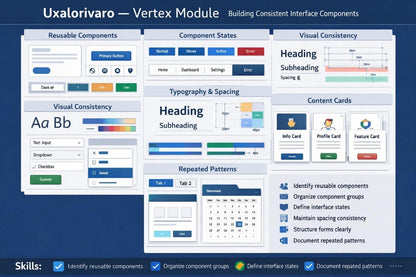 A digital presentation slide titled 'Uxalorivaro - Vertex Module' outlining a UI design curriculum. The slide features a dark blue background with multiple white and blue mockups illustrating reusable components, component states, visual consistency, typography, content cards, and skills checklist.